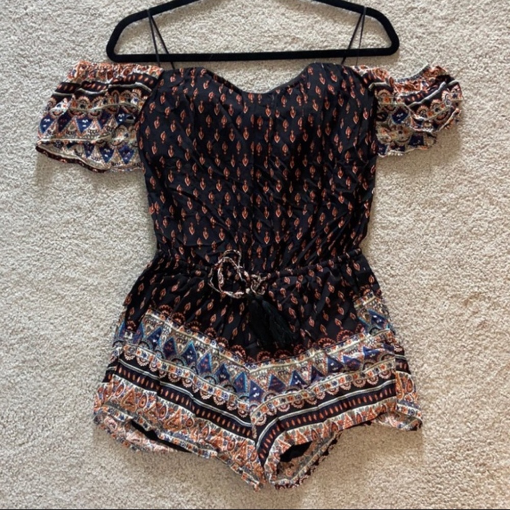 Off-Shoulder Black Paisley Print Women’s Shorts Romper